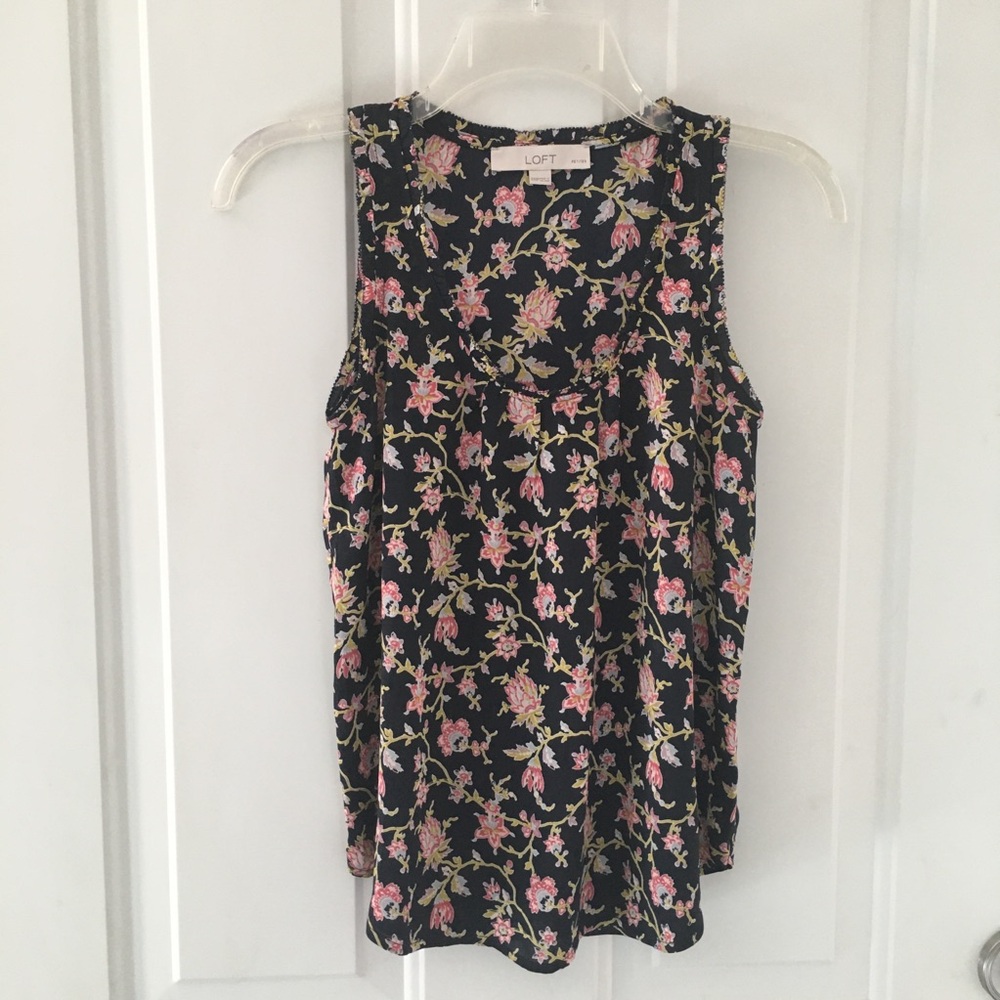 Loft Floral Blouse Size XXSP Petite Blue Pink Vines Scoop Neck Boho Sleeveless